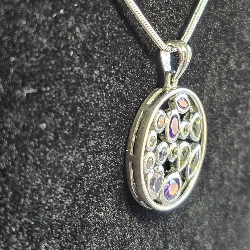 Sterling Silver Multicolored Rhinestone Round Pendant Necklace 20
